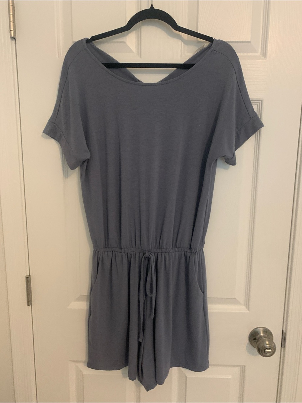 Women's Short Sleeve Drawstring Romper in Slate Blue